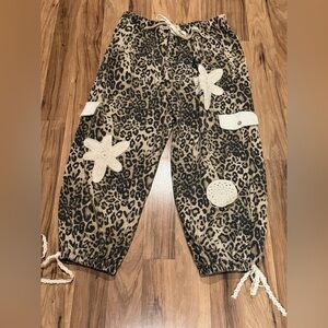POL Leopard Joggers with Crochet Floral Appliqués - Tan & Black - **New**